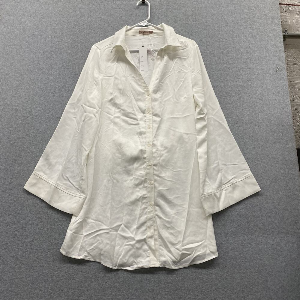Skylar Rose Iona Satin Button Down Shirt Dress Off White Large Collared NWT Belt
